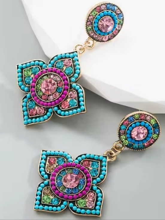Jewelry - Floral Colored Rhinestone Bohemian Vintage Style Earrings